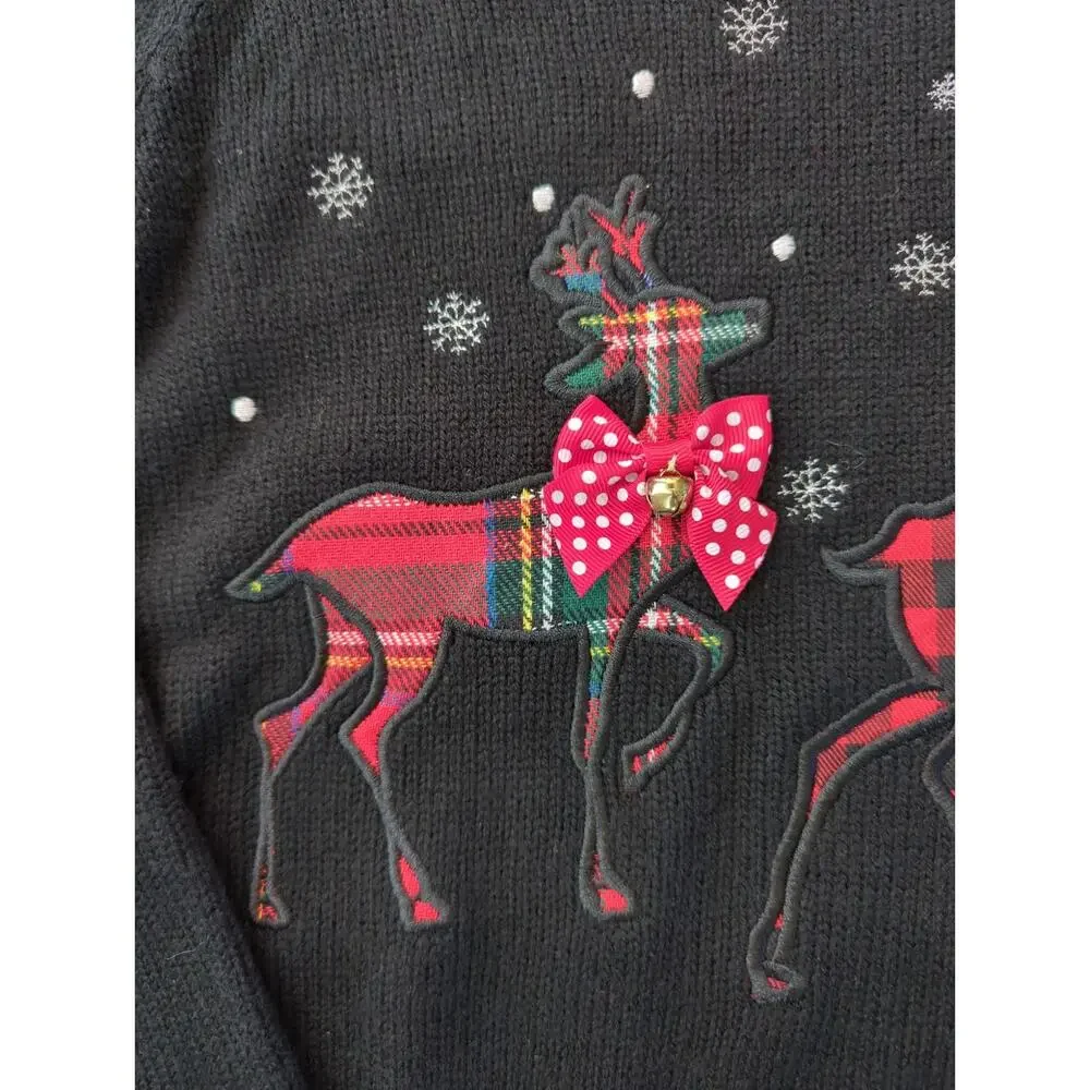 KAREN SCOTT Black Red White Gold Embroidered Reindeer Christmas Sweater Size L - Picture 2 of 7